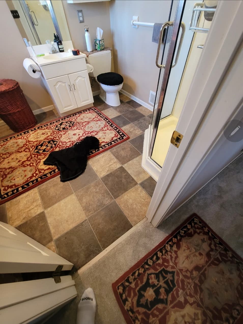 Bathroom with checkerboard vinyl floor, patterned rugs and glass shower door in Minneapolis, MN